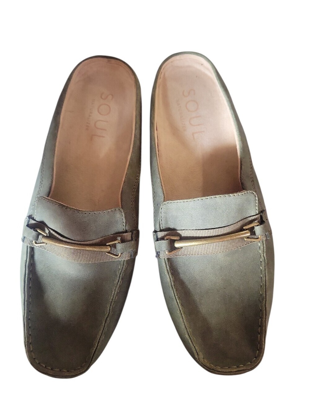 SOUL Naturalizer Olive Green Suede Slip-On Loafers w/ Gold Bit Hardware 9.5M